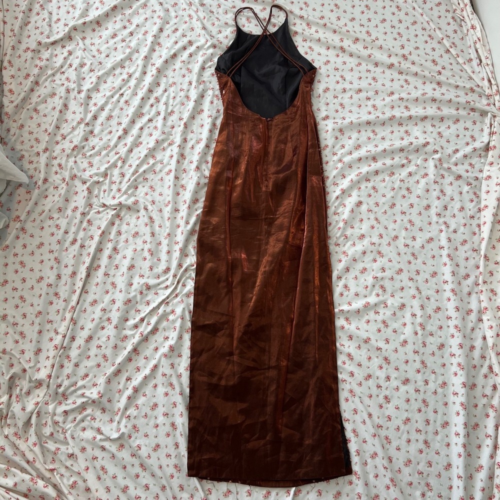 vintage orange metallic beaded evening maxi dress with open‎ back and side slit - Picture 7 of 8